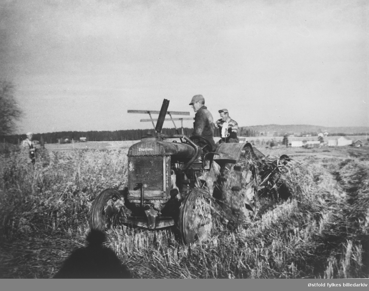 Skjæring av havre på "ilehøl-stykket" med traktor i oktober 1962. På Jakobshaugen 45/1-3. 
Olaf Syversen, Johan Kr. Taraldrud og sønnen Reidar. 
Det var våt og sein høst. Vanlig gummihjuls-traktor, måtte erstattes med "jern-hesten" for i det hele tatt å få kjørt i bakkene. Det ble satt opp hesje, som sto til "bjønn-tørken" gjorde det mulig å kjøre i hus.