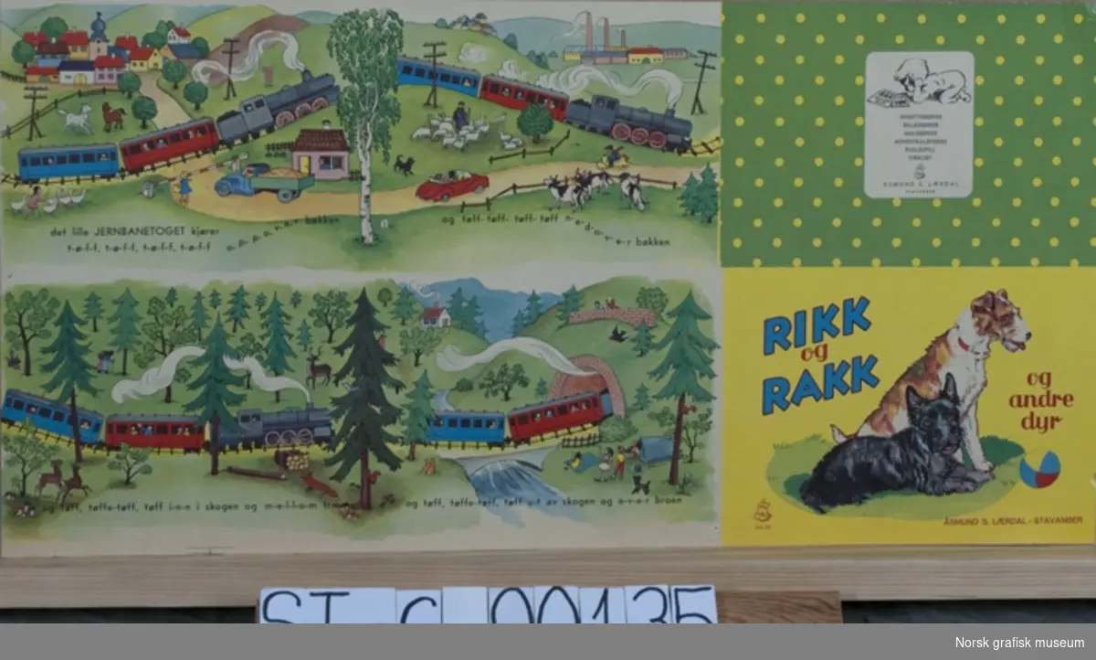 Originaltrykkark av forside av billedboken "Rikk og Rakk.." og tegninger av "det lille jernbanetoget" som kjører omkring.
