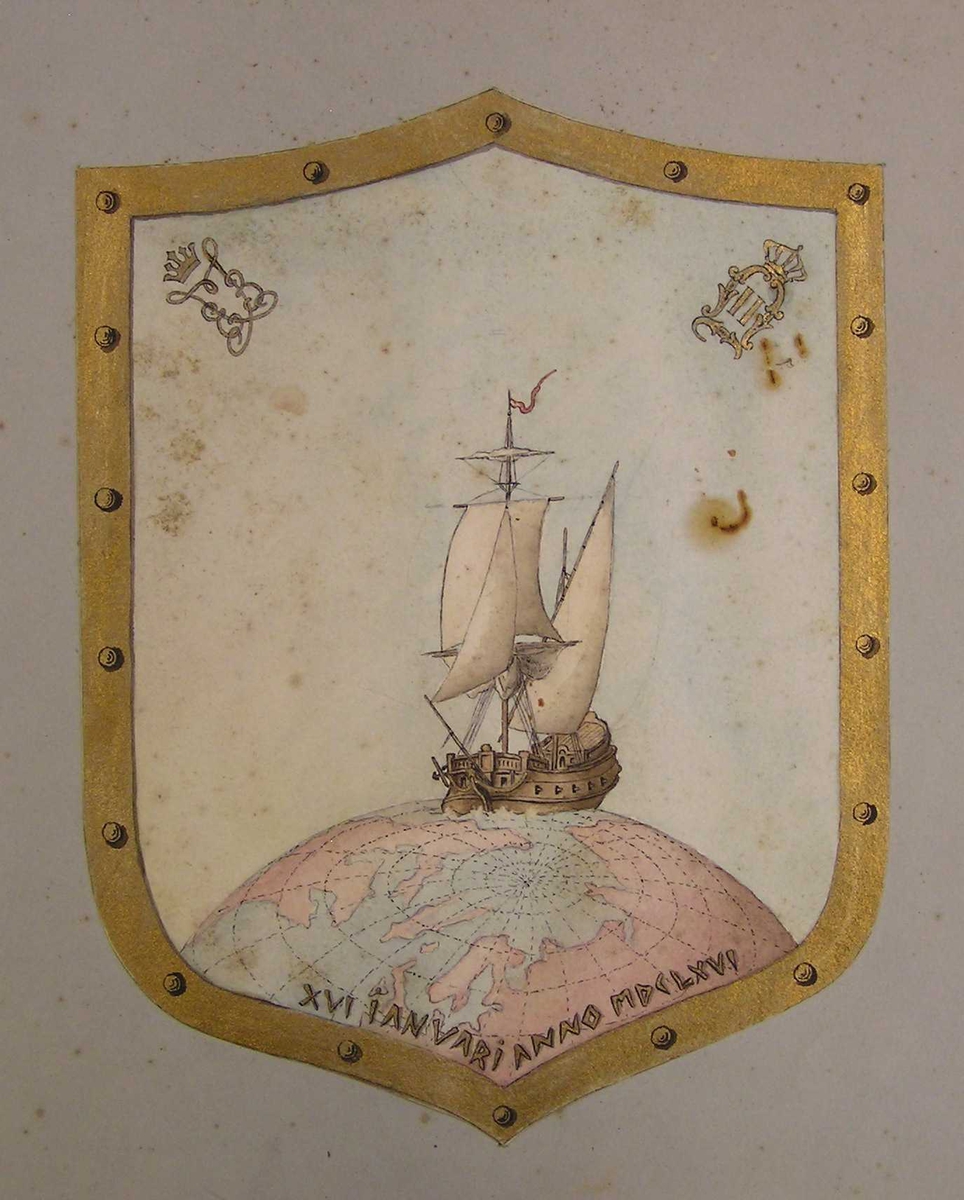 Vikingskip som seiler på en globus og redskap i  hjørene ( issag og hake, hammer til gruvebruk)
Seilskute som seiler på en globus og Kongens signatur i 1666.