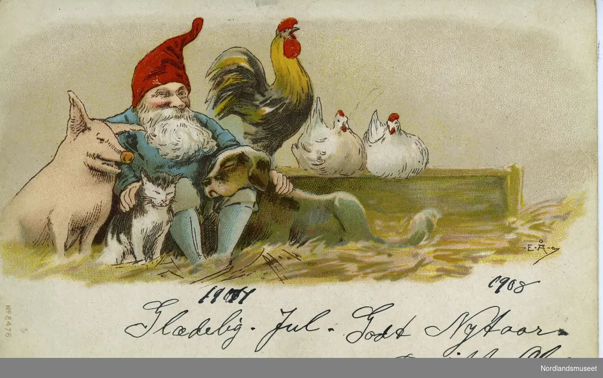 Julekort med bilde av nisse som er omringet av en gris, katt, hund, hane og to høner i høyet. Han har blå dress og rød lue. Påskrevet julehilsen 1907-1908.

Bakside: ikke stemplet.