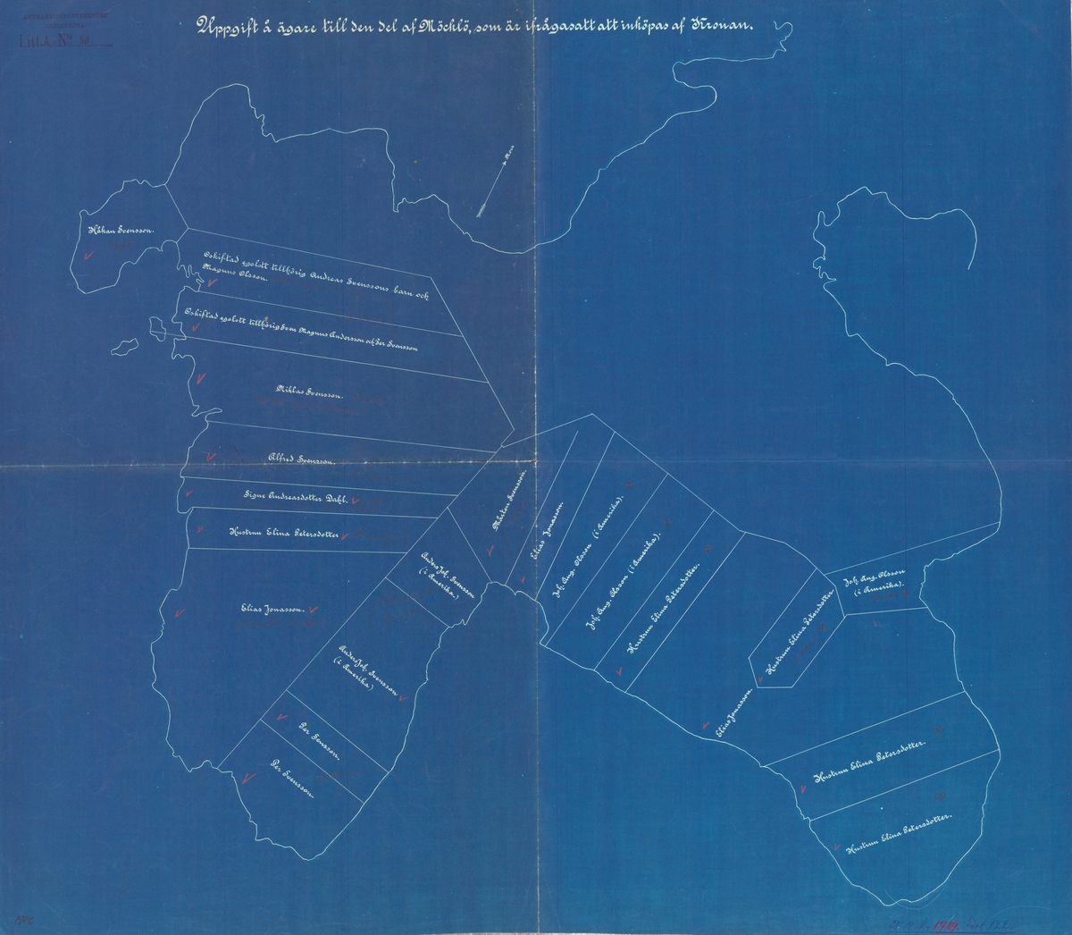 Karta med ägolotter samt namnförteckning över markägare på del av Möcklö.