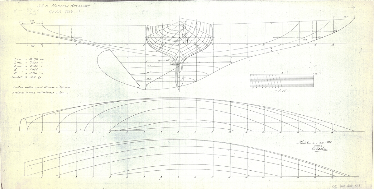 5 1/2 meters nordisk kryssare. GKSS 1934.
Profil, spant och linjeritning
