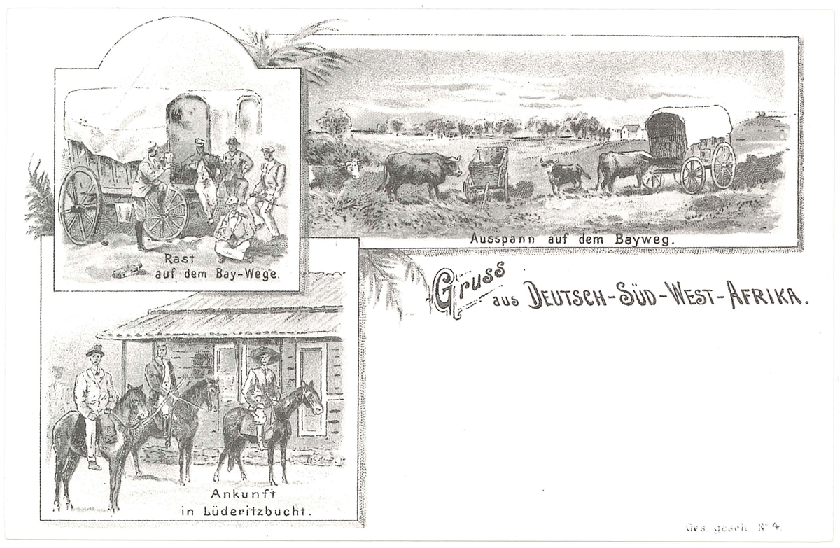 Vykort med motiv: 3 vyer: Oxspann, Rastläger, Lüderitzbucht.

En samling vykort som är gjorda under slutet av 1980-talet av original från omkring sekelskiftet 1900.