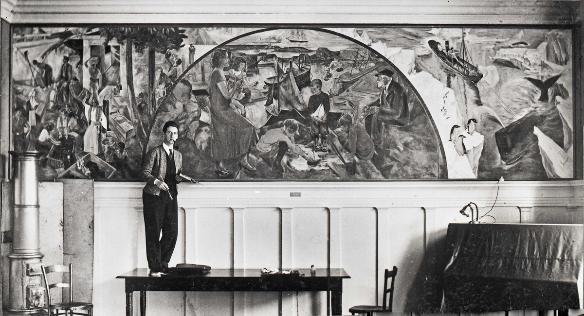Bjarne Halvorsen (1896-1948) maler dekorasjoner i Handelstandens festsal.