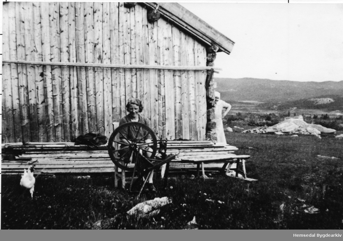 Bydame ved rokken på Ulsåkstølen, 62/3 i Hemsedal. Margit Ulsaker (1883-1974) på hjørna.