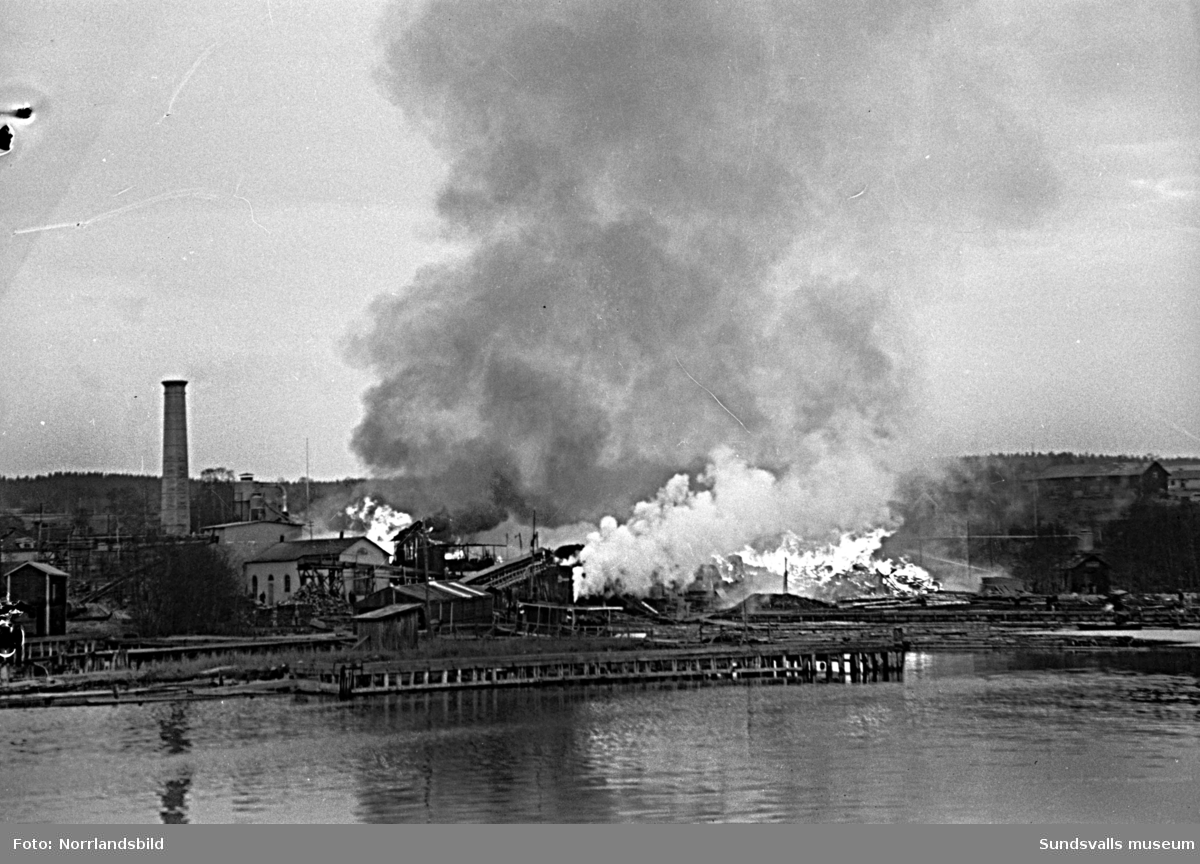 En serie bilder från branden som ödelade Alviks sågverk på Alnö 1950.