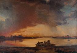 Fergested i solnedgang [Olje på plate]