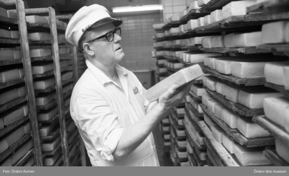 Jordbruksnummer, 12 mars 1969.

Ostmästare Helge Johansson kontrollerar att lagringen av ostsorten "regent", mognar normalt.
