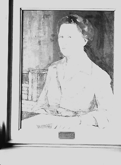 Nämndhuset, tavla (målning).
Motiv: en kvinna. Porträtt av  Gerda Rydell, rektor 1946 - 1959.