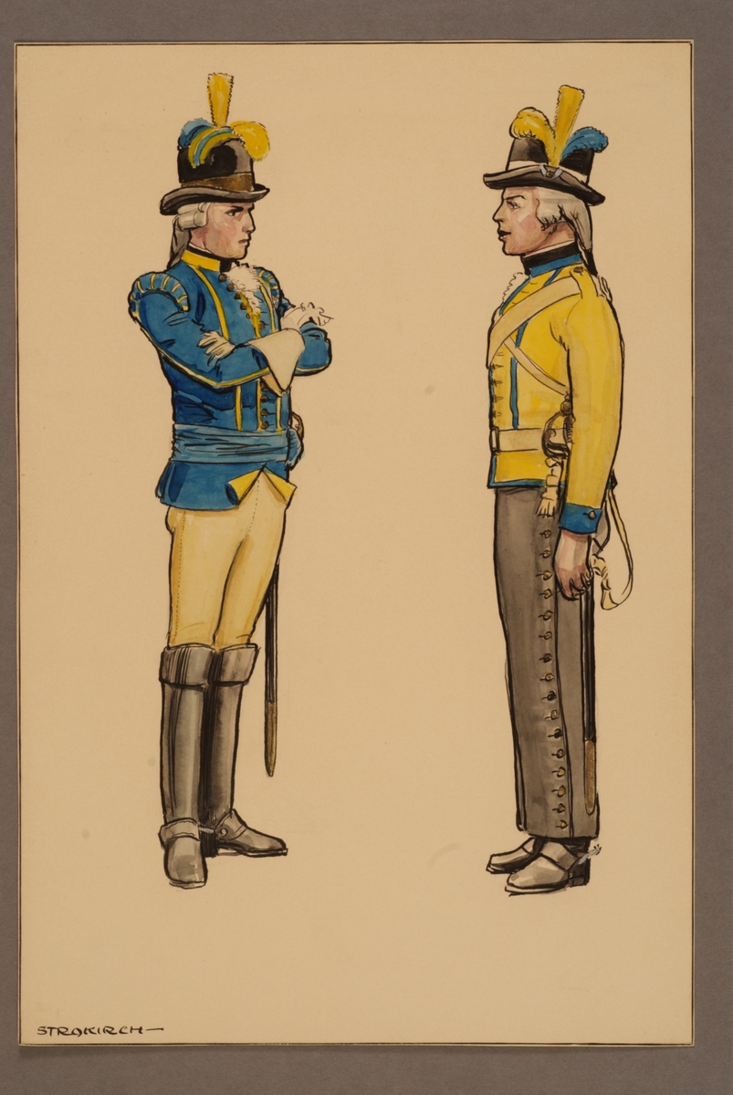 Plansch med uniform för officer och ryttare vid Västgöta kavalleriregemente. Båda i exerciskollet och ridbyxor m/1781. Ritad av Einar von Strokirch.