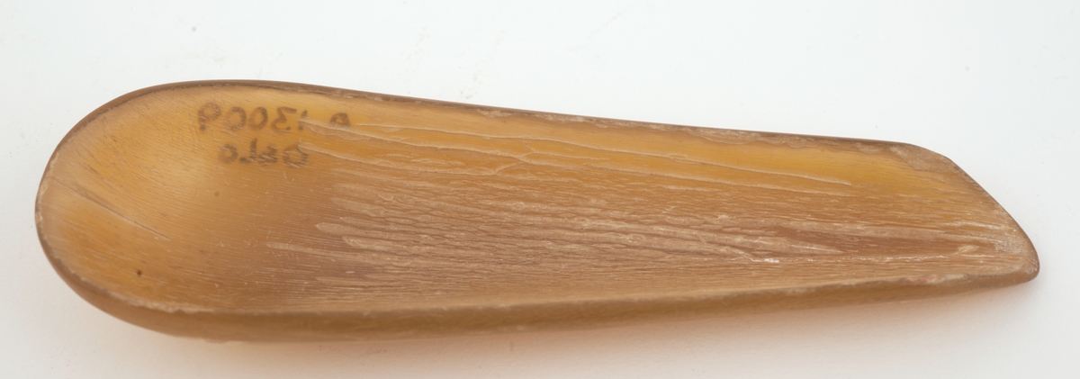 En båtlignende form av horn med den ene enden noe smalere og flatere for lettere å kunne dyttes inn i en papirkapsel.
Lysebrun med lysere striper.