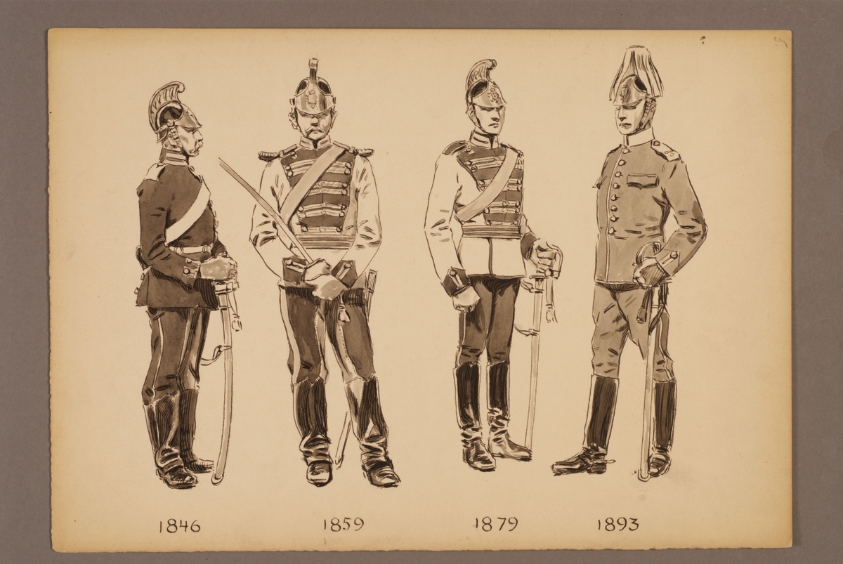 Plansch med uniform för Livregementets dragoner för åren 1746-1893, ritad av Einar von Strokirch.