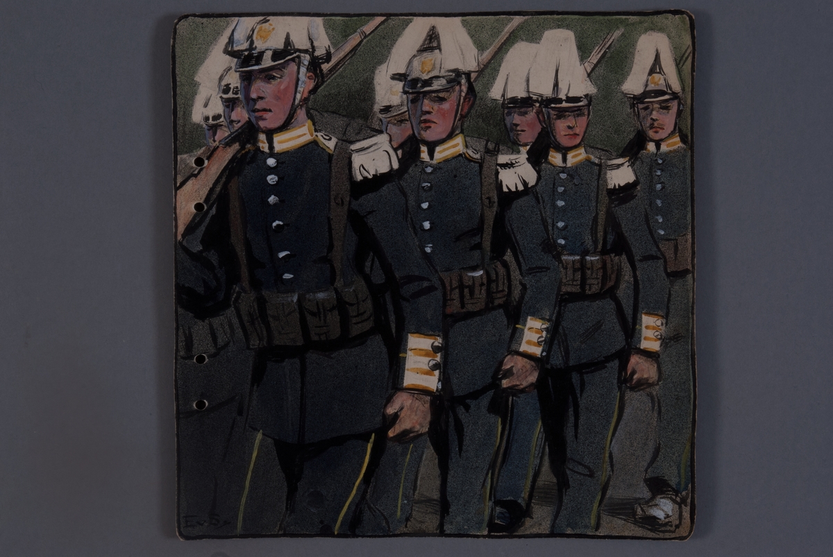 Soldater på marsch, teckning av Einar von Strokrich.