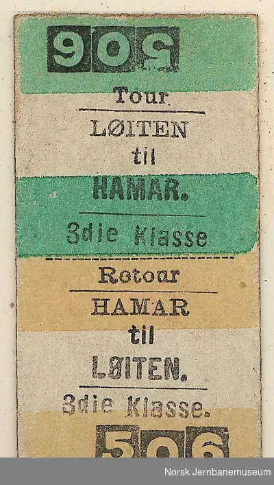 Tur-returbillett Løiten-Hamar, 3die klasse, ubrukt.
Stasjonsnavnet Løiten ble tatt i bruk 15.12.1878 og erstattet Berg.
