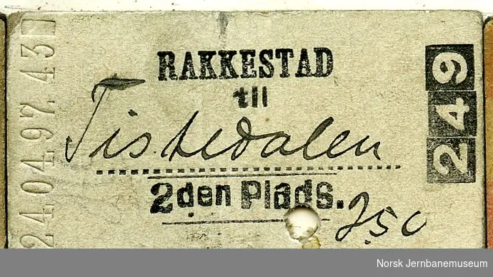 Billett Rakkestad-Tistedalen , 2den Plads, stemplet 1897 (billett trykt senest 1888)