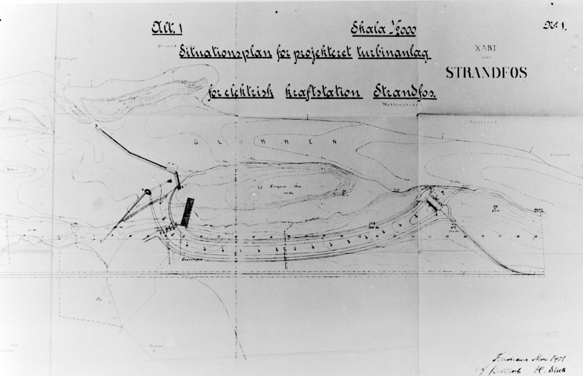 Kart. 1901. Situasjonsplan for prosjektert turbinanlegg for elektrisk kraftstasjon Stranfos.
Hamar Vang og Furnes kommunale kraftselskap.
