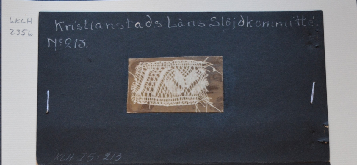 Kristianstads Läns Hemslöjdskommitté No 213.
Fotografi av en spets med hakv bladstjärna och sneda ljusgullsskack.
Provet är monterat på svart kartong.