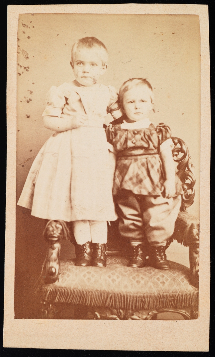 Portrett av to barn. Barnet til venstre på bildet er Julie Mathiesen, det andre barnet er nok lillebroren Arthur Mathiesen.