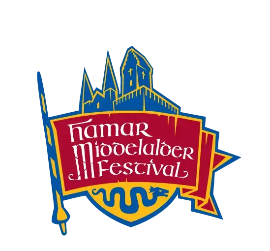 The logo of Hamar Medieval Festival is a red banner with name on and a blue silhouette of medieval houses above.