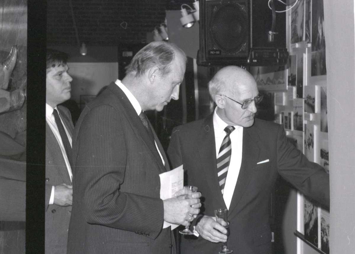 Kronprins Harald og direktør Pettersen snakker i forbindelse med åpning av utstillingen - Handelsflåten i krig 1939-1945.
