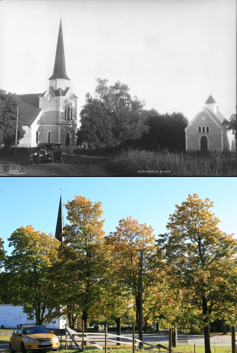 Refotografering. Rakkestad kirke med gravkapell, Rakkestad, Østfold. Fotografert 1928 og 2007. Kirken og kapellet er nå nesten skjult bak trær.