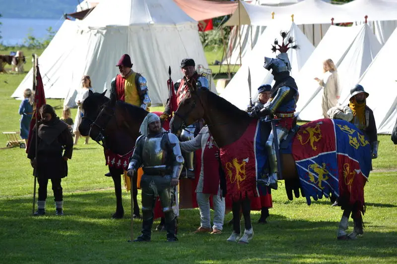 Medieval king in armour with knights on horseback