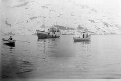 "Vesthorn" ekspederes ved Gullholm. Mann i robåt til venstre