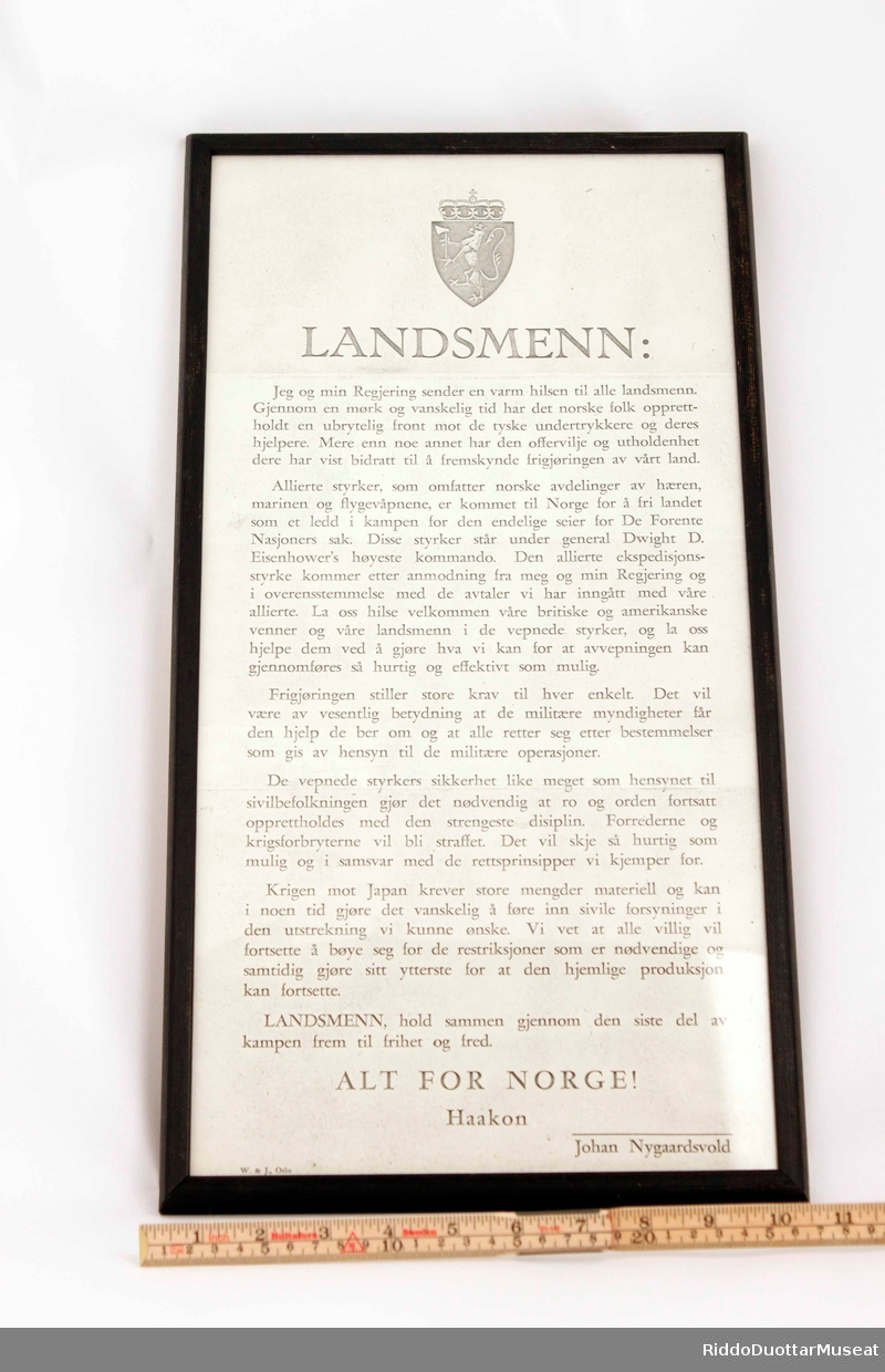 Proklamasjon til Landsmenn fra kong Haakon og Johan Nygaardsvold