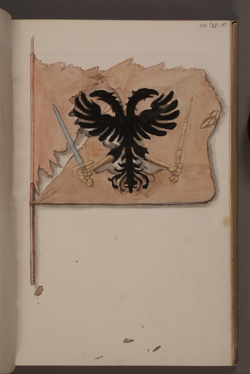 Avbildning i gouache föreställande fana tagen som trofé av svenska armén. Den avbildade fanan finns inte bevarad i Armémuseums samling.