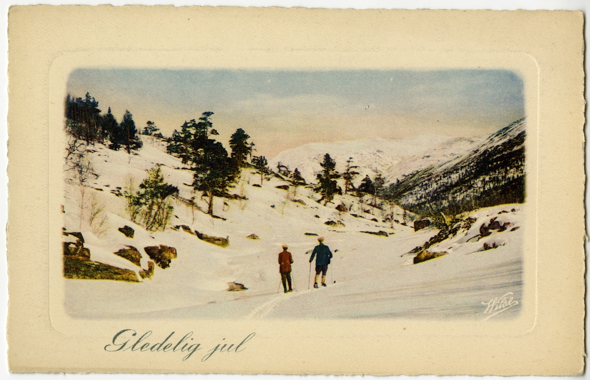 Kolorert postkort. To skiløpere i vinterlandskap med fjell og skog.