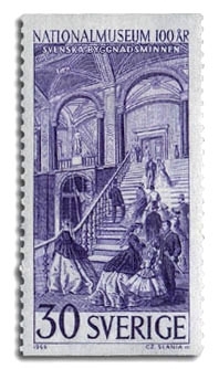 Trapphallen i Nationalmuseum vid invigningen 1866.

I damen mitt på trappan finns namnet LODZIA. Det är smeknamnet på Leokadia som är gravören Slanias syster.