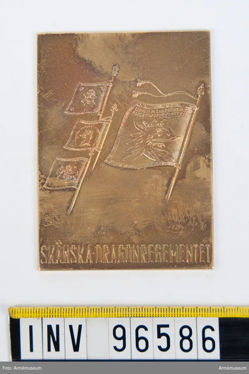 Plakett i guld för Skånska dragonregementet.
Stans 44393.