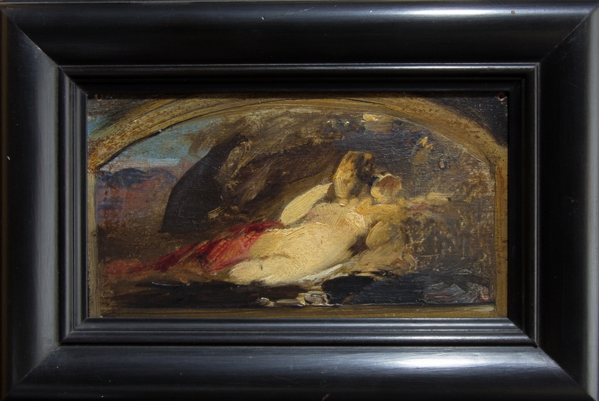 Venus och amorin, skiss, med liggande kvinnofigurer åt höger naken med en röd slöja över benen. Vid hennes vänstra axel en amorin.