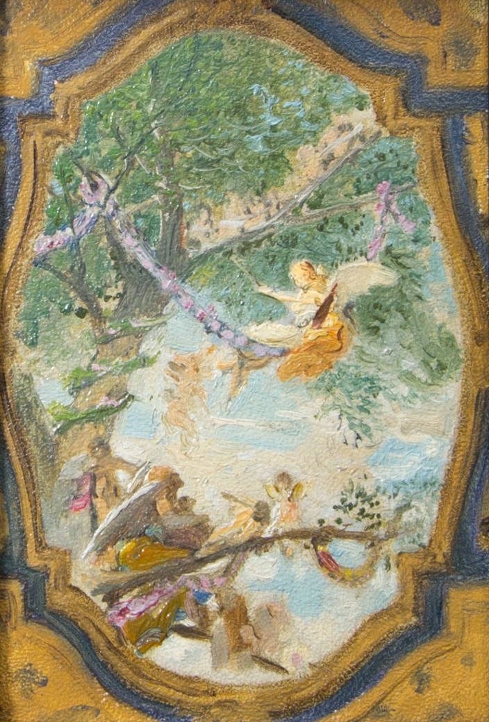 Utkast till plafondmålning i skissartat utförande med gungande ängel omgiven av musicerande änglar. Kompositionen är omgiven av ett i gult och gråblått skisserat ramverk.