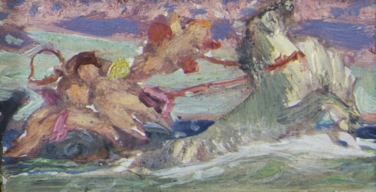 Skissartad komposition i tre delar av Venus på havet. Från vänster till höger:Amoriner kring oidentifierat objekt på havet, Venus sittande i en båt omgiven av amoriner och triton samt frustande hästar som drar Venus båt.