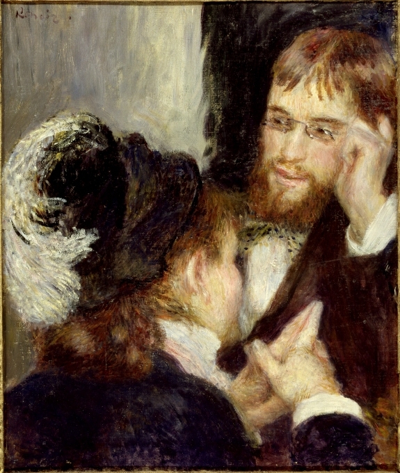Konversation är ett exempel på Renoirs impressionistiska måleri från 1870-talet. Figurernas händer och ansikten är målade med tunna parallella penseldrag som skapar en effekt av ljusflimmer. Målningen är också ett exempel på impressionisternas ovilja att använda svart; de mörka partierna är i stället målade i mörkt blått. Mannen i målningen är Frédéric Cordey, en konstnär som under en period var elev till Renoir. Kvinnan har identifierats som Marguerite Legrand, en av Renoirs favoritmodeller under åren 1875–1879.