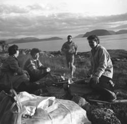 Fire damer ved et lite bål på fjellet ovenfor Hammerfest. Je