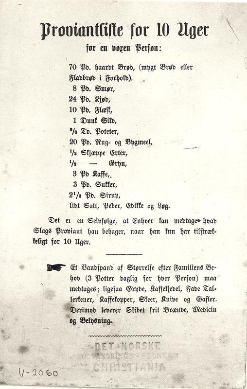 En proviantliste skrevet med gotisk skrift skrevet at Det Norske utvandringsselskap i Christiania