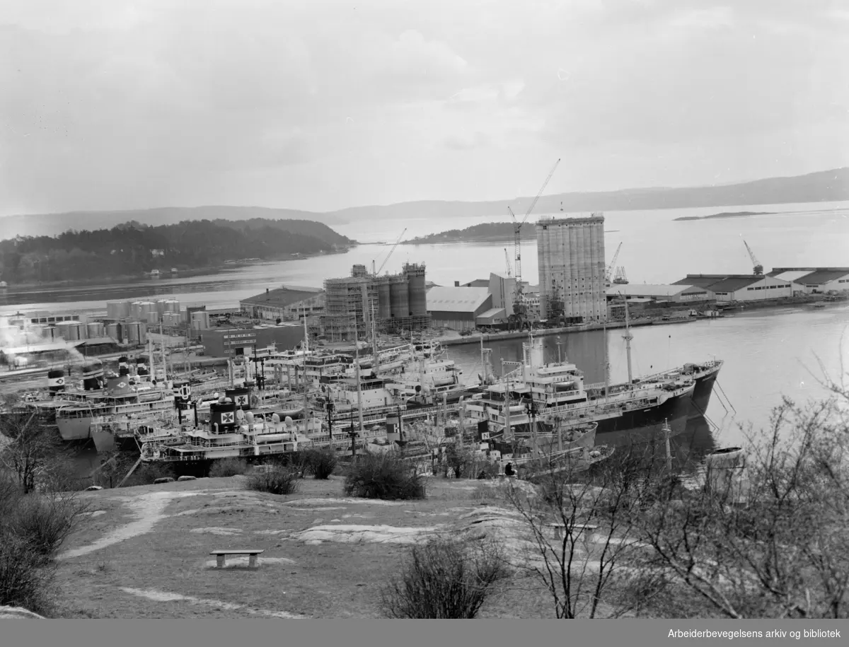 Utsikt fra Ekeberg over Oslo Havn..Grønlia med Sjursøya og båter i opplag.April 1959