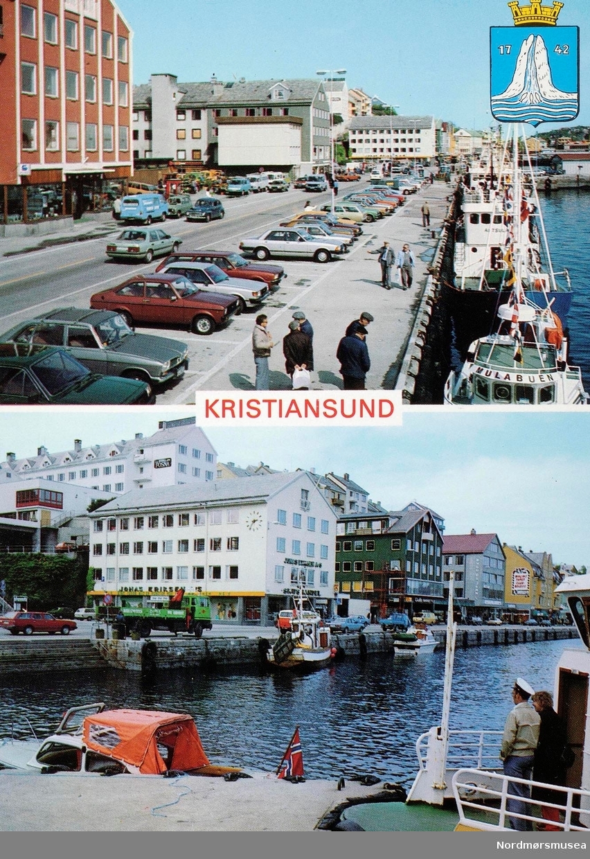 Postkort ";T-B-73"; fra Kirkelandet i Kristiansund, med to kjente motiver fra bybildet. I det øverste bildet ser vi fra Storkaia, med båter langs havnen. I bildet under ser vi fra Piren, med Vågeveien og Vågekaien i bakgrunnen, samt Jonas Eriksens skipshandel som første bygg i husrekken. Like over finner vi Fosna hotell. Datering er trolig rundt 1970-1980. Fra Nordmøre Museums fotosamlinger. Reg: EFR
