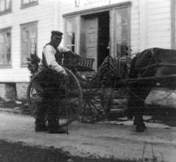 Mann med hest og kjerre utenfor Sverdrups hotell i Eidsvåg, 