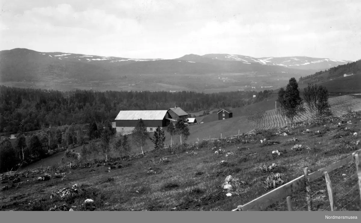 Postkort: ";Parti fra Lomundalen. 
Eneret G. Sverdrup 1935, 661."; Foto fra et jordbruksområde i Lomundalen, Rindal kommune, hvor vi ser fra et gårdsbruk i bakgrunnen. Fra Nordmøre Museums fotosamlinger. Reg: EFR
