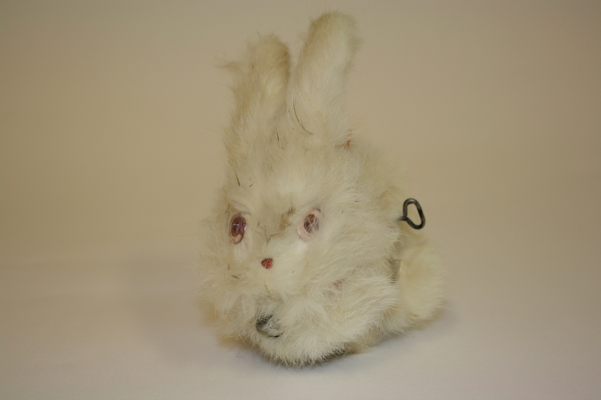 Gitt av Lisbeth Andreassen Chumak. Kanin med rød sløyfe. Hvitt skinn opprinnelig, nå grålig. Fra 1950-1960 tallet.