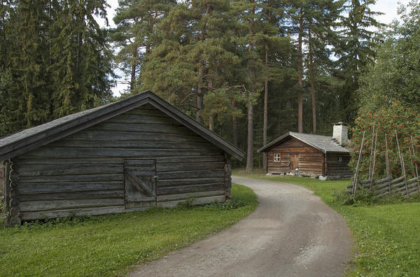 Grusveg som leder inn mellom et grått tømmerhus til venstre og et brunt tømmerhus med flistak til høyre. Rundt husene ligger høye furutrær.