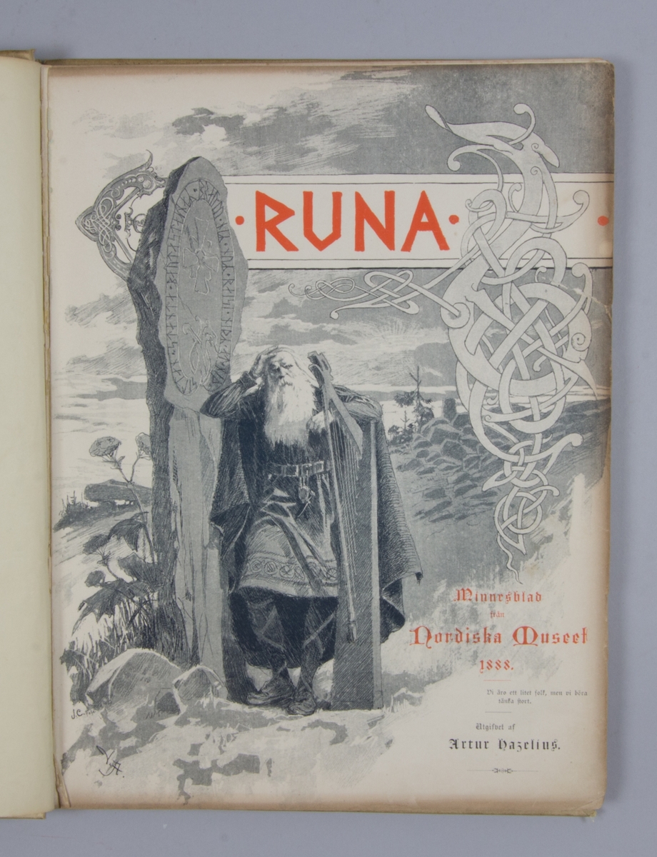 Bok, tidskrift, Runa, med pappband. Präglat omslag med vikingaornamentik. Inlaga ca 69 sidor. Tryckta illustrationer.
