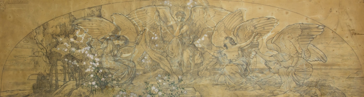 Blyertsteckning med Eros i centrum med hakan stödd i ena handen och pilbåge i den andra. Till vänster en ödesgudinna med linfäste, till höger två ödesgudinnor, varav en klipper av en tråd med en fårsax. De är ommgivna av blommor i grönt och vitt.