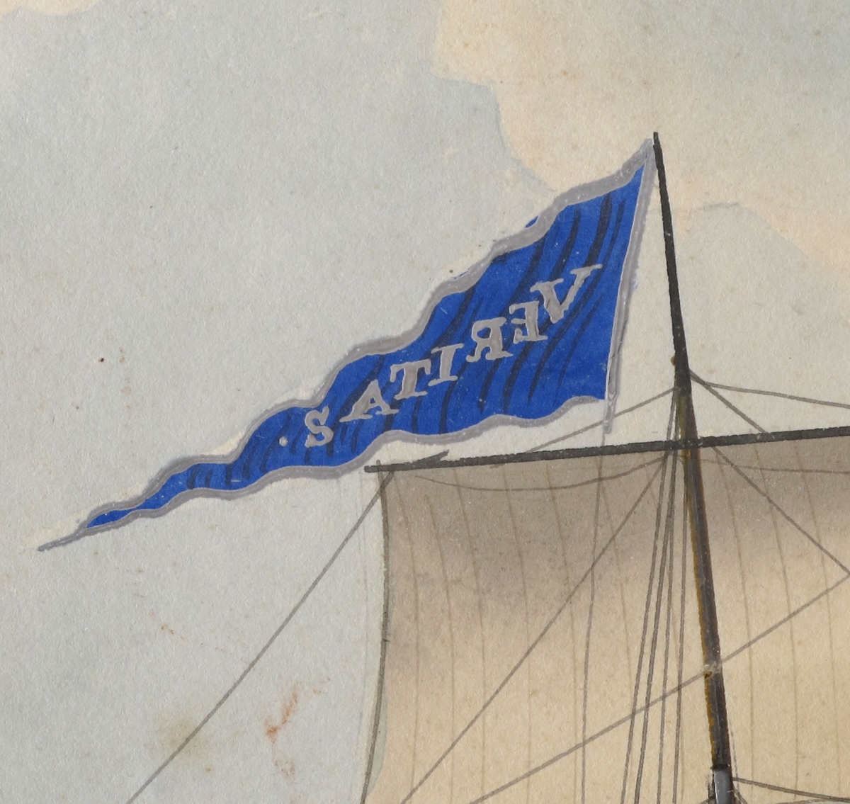 Bark Veritas af Arendal, ført av Capt. H. A. Andersen. For fulle seil mot høyre, unionsflagg  under gaffelen blå vimpel m. "Veritas" i hvitt, blått, rødt flagg m. N. 44  i hvitt felt. Sign. n. t. h. Tekst i marg under bildet.