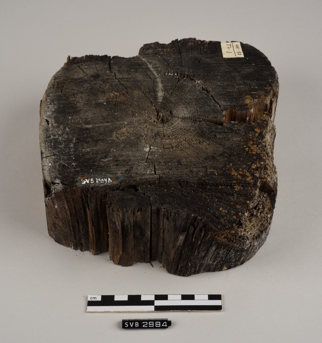 Tregjenstand med tilnærmet rundt tverrsnitt. Tremateriale er tørt og sprukkent. Det er 2 løse deler. Det er en lapp på undersiden med russiske tall og bokstaver.