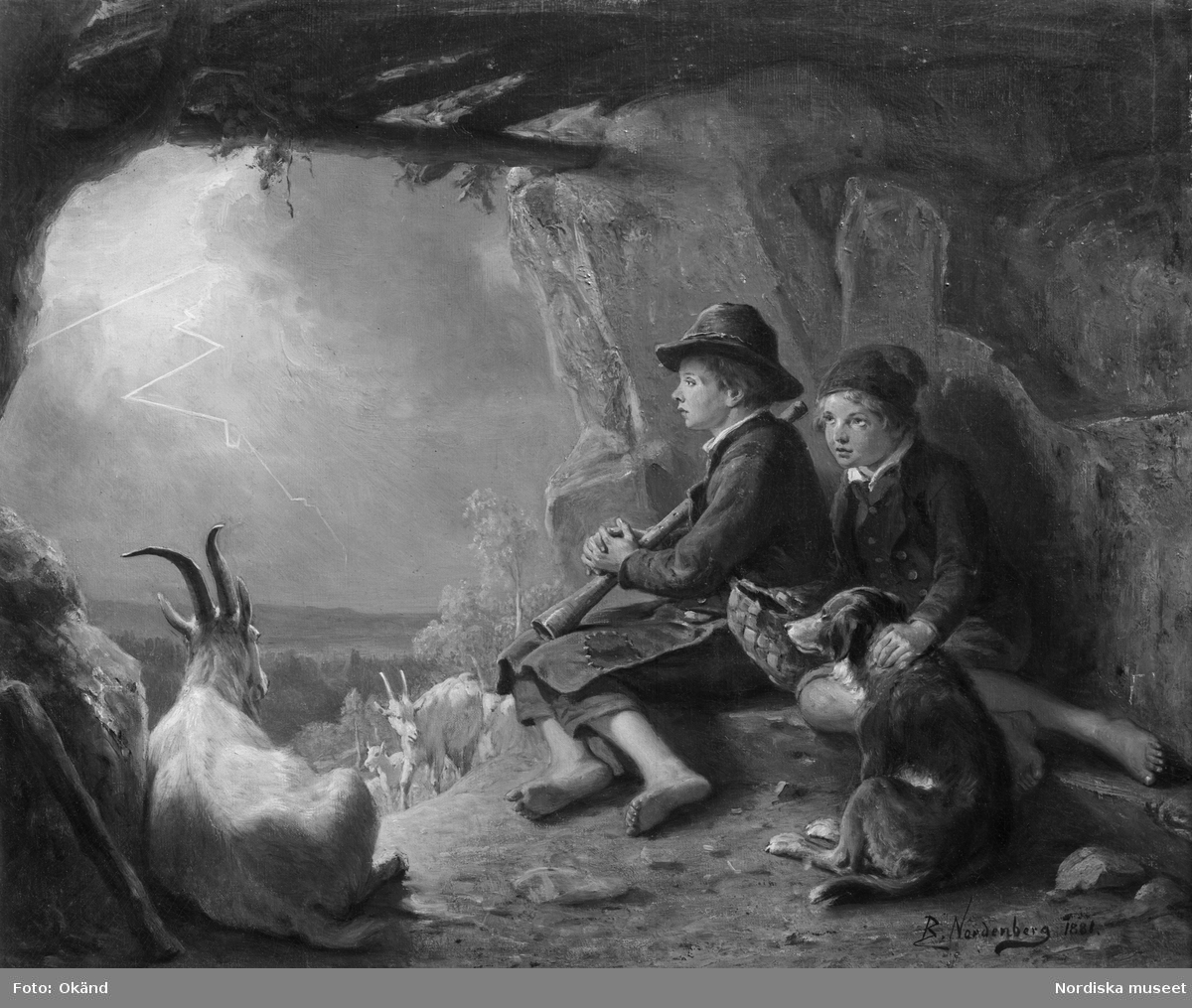Två vallpojkar har sökt skydd undan åskan i en grotta tillsammans med en hund och en get. Den ena pojken har en näverlur, den andra en näverkont.Motivet eventuellt från Mora.  Målning utförd och signerad av Bengt Nordenberg 1881.