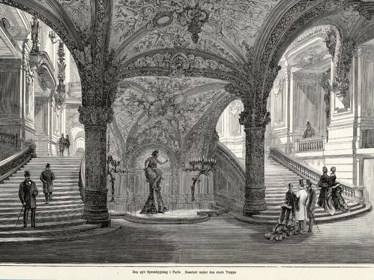 Interiörbild från Operan i Paris. Det finns två trappor där människor går upp. Kvinnorna bär klänning och männen kavaj, hatt och käpp.